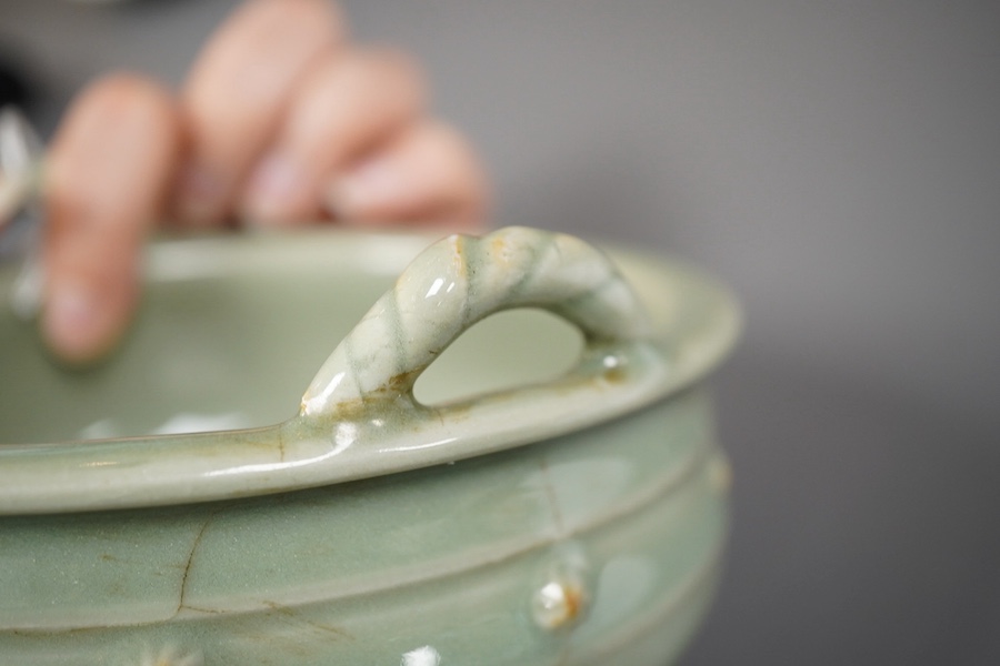 A Chinese Longquan celadon crackle glazed tripod censer, Ming dynasty or later